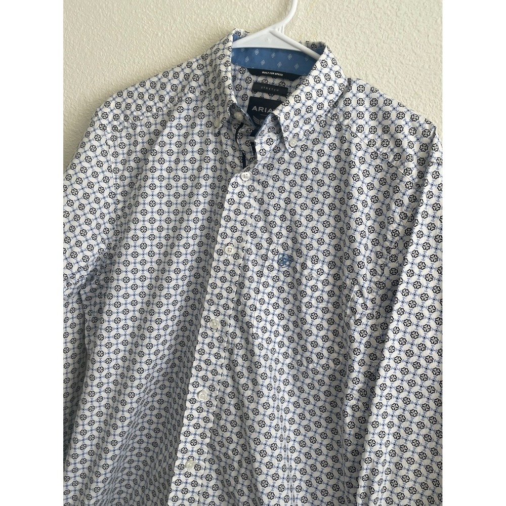 Ariat Geometric Print Button Down Shirt Western Long Sleeve Small White Blue